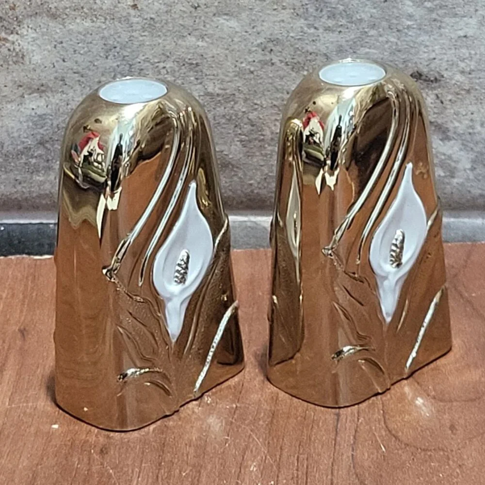 Vintage Japan Goldtone Over Silverplate White Calla Lily Salt Pepper Shaker Set